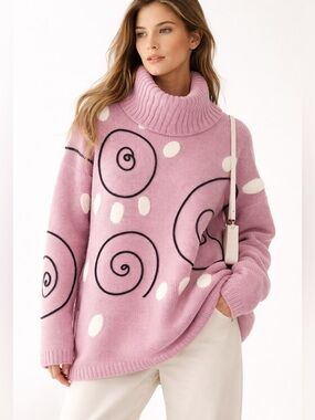Animale Dusty Pink Spiral & Cream Dot Turtleneck Sweater